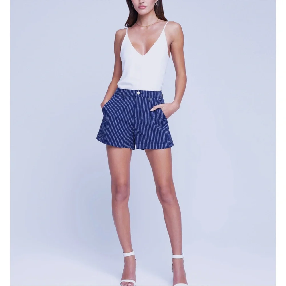 L’Agence Jameson‎ Striped High Rise Shorts 32 Navy Natural Stripe Linen Blend - Picture 2 of 9